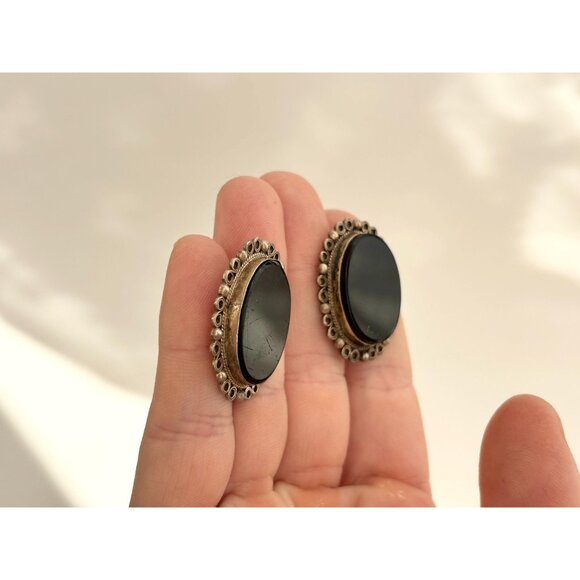 Taxco Mexico Black Onyx Screw Back 925 Sterling Silver Vintage Stud Earrings - Picture 4 of 13